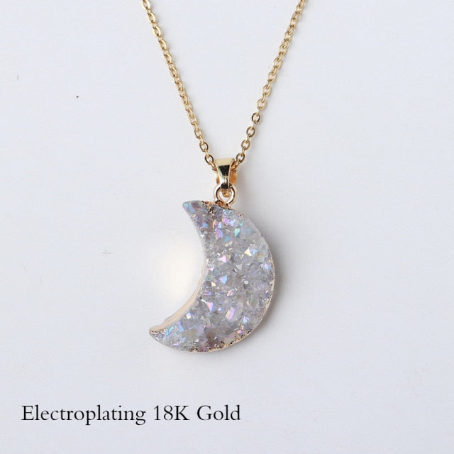 18K Gold White Moon Druzy Pendant Necklace